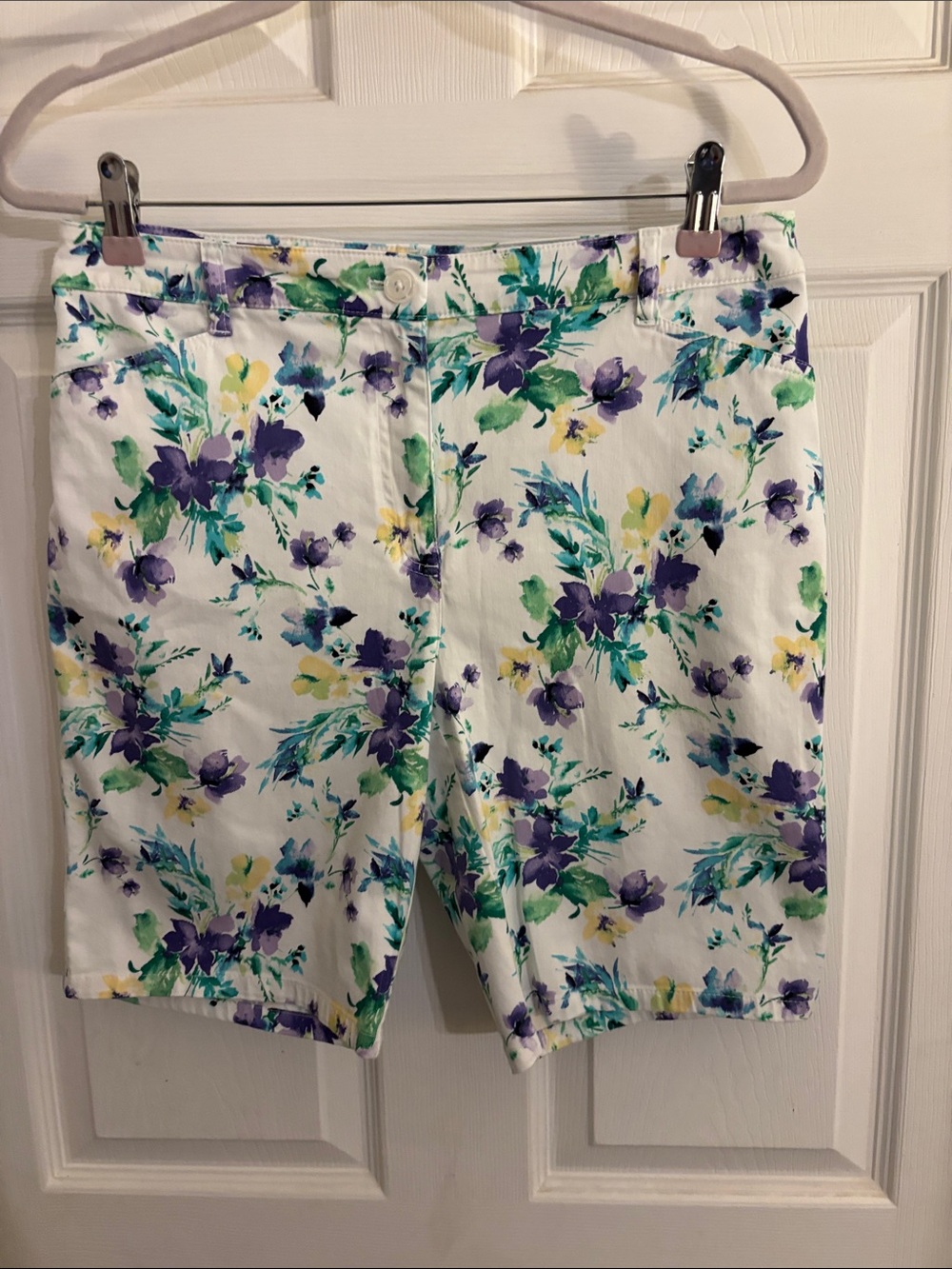 Chico's White Floral Bermuda Shorts with Purple, Green & Yellow Print